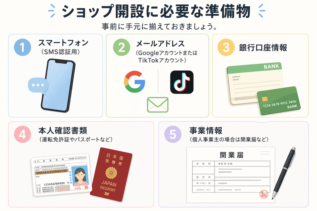 TikTokショップ出店に必要な準備物（書類・銀行口座・スマホ・事業情報）の一覧図